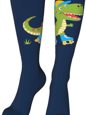 Dino Playing Roller Skate Pattern Socks For Men Sport Socks High Stockings Knee 20 Inch