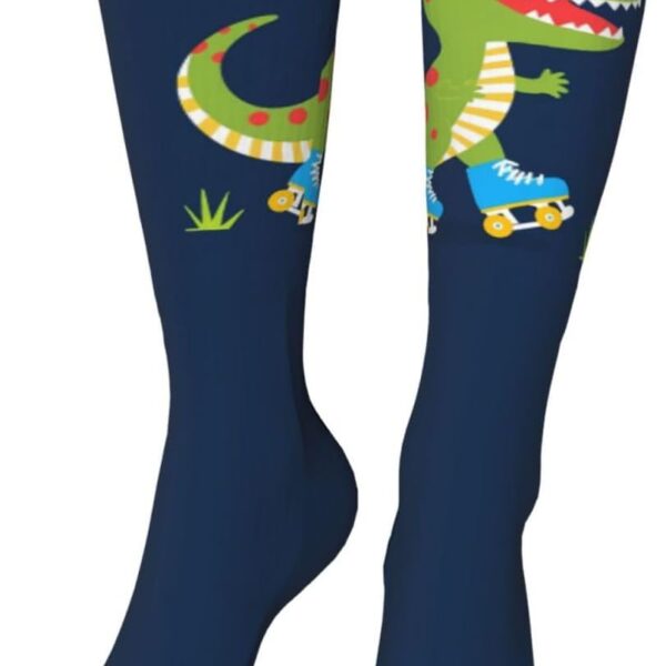 Dino Playing Roller Skate Pattern Socks For Men Sport Socks High Stockings Knee 20 Inch