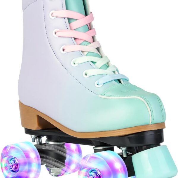 Roller Skates for Girls and Women, PU Leather Gradient Green Purple Roller Skates with Flash Wheels, Indoor Outdoor Roller Skates for Youth Beginner Girls Ages 8-12