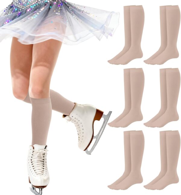 6 Pairs Ice Skating Socks Figure Skating Socks High Tight Knee Nylon Roller Skate Sock for Women Girl