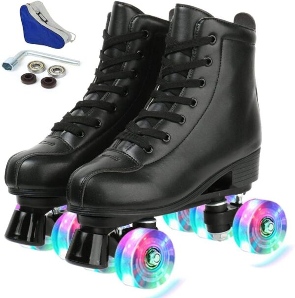 Roller Skates for Women Men, High Top PU Leather Classic Double-Row, Indoor Outdoor, Beginner Shoes Bag