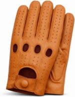 Men’s Perforated Leather Driving Gloves – Cognac Genuine Cowhide – Full-Finger Classic Motoring Style, Breathable Luxury Gloves (Small, Tan)