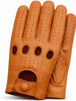 Men’s Perforated Leather Driving Gloves – Cognac Genuine Cowhide – Full-Finger Classic Motoring Style, Breathable Luxury Gloves (Small, Tan)