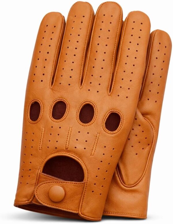 Men’s Perforated Leather Driving Gloves – Cognac Genuine Cowhide – Full-Finger Classic Motoring Style, Breathable Luxury Gloves (Small, Tan)