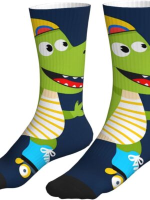 Dino Playing Roller Skate for Mid-Calf Athletic Socks for Men Women, Breathable Moisture Wicking Sports Socks, Cushioned Running Training Socks for Sports