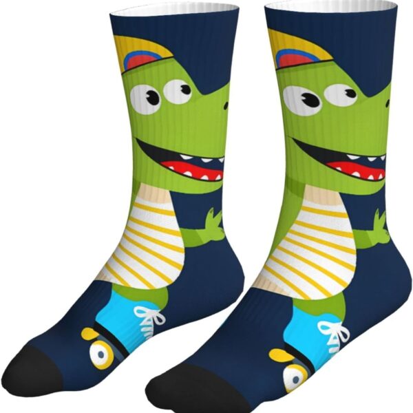 Dino Playing Roller Skate for Mid-Calf Athletic Socks for Men Women, Breathable Moisture Wicking Sports Socks, Cushioned Running Training Socks for Sports