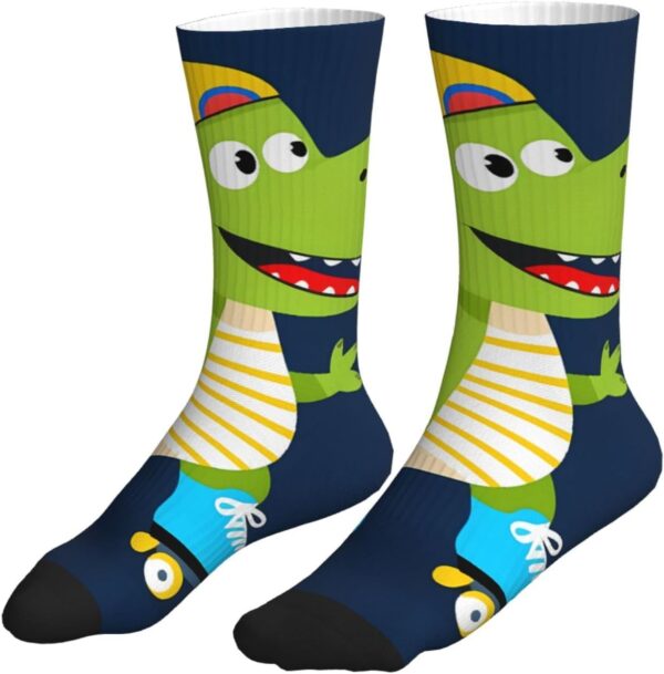 Dino Playing Roller Skate for Mid-Calf Athletic Socks for Men Women, Breathable Moisture Wicking Sports Socks, Cushioned Running Training Socks for Sports