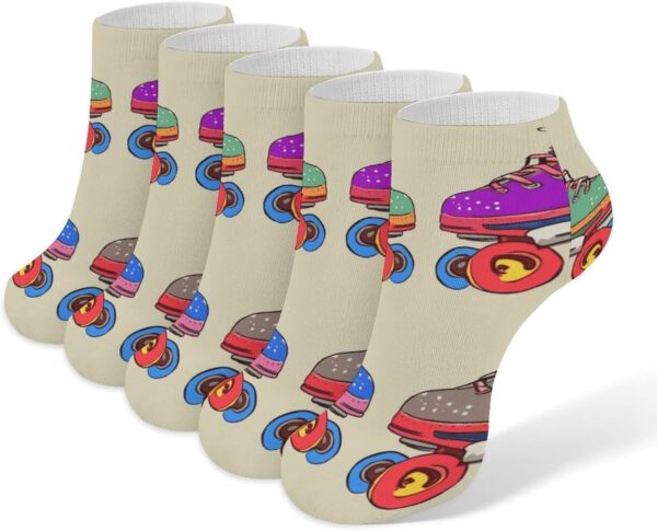 Retro Colorful Roller Skates Women Boot Socks, Breathable Men Athletic Socks, Low Cut Ankle Anti-Slid Sock 5 Pack