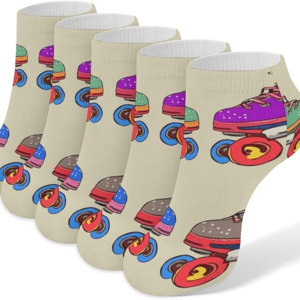 Retro Colorful Roller Skates Women Boot Socks, Breathable Men Athletic Socks, Low Cut Ankle Anti-Slid Sock 5 Pack