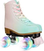 Roller Skates for Girls and Women, Fantastic Gradient Pink and Green PU Leather Light Up Kids Youth Roller Skates, Indoor Outdoor