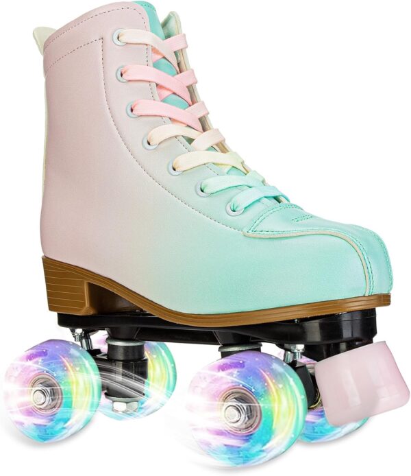 Roller Skates for Girls and Women, Fantastic Gradient Pink and Green PU Leather Light Up Kids Youth Roller Skates, Indoor Outdoor