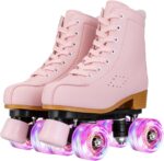 Roller Skates for Girls and Women, Cozy PU Leather Pink Purple Light Up Skates, Indoor Outdoor Skates for Youth Beginner Girls Ages 8-12