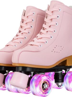 Roller Skates for Girls and Women, Cozy PU Leather Pink Purple Light Up Skates, Indoor Outdoor Skates for Youth Beginner Girls Ages 8-12