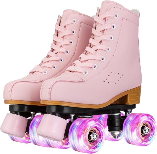 Roller Skates for Girls and Women, Cozy PU Leather Pink Purple Light Up Skates, Indoor Outdoor Skates for Youth Beginner Girls Ages 8-12