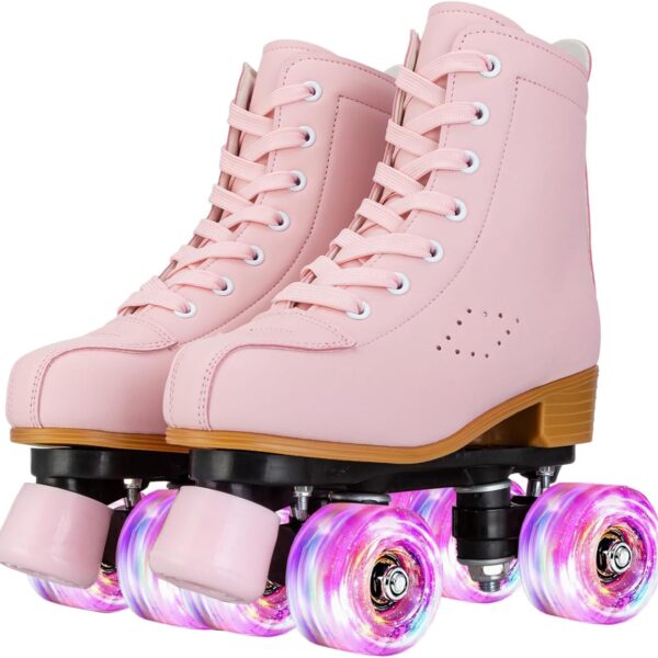 Roller Skates for Girls and Women, Cozy PU Leather Pink Purple Light Up Skates, Indoor Outdoor Skates for Youth Beginner Girls Ages 8-12