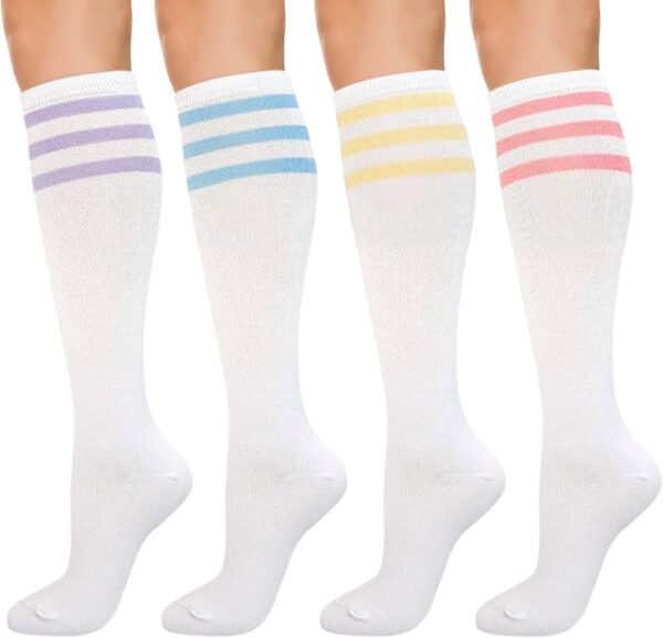 Women's Cotton Knee High Socks, 3 Pairs Solid & Striped Casual Dress Socks, Breathable, Moisture Wicking, Shoe Size 5-10