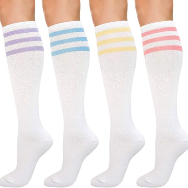 Women's Cotton Knee High Socks, 3 Pairs Solid & Striped Casual Dress Socks, Breathable, Moisture Wicking, Shoe Size 5-10