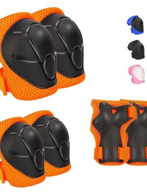 Kids Protective Gear Set - Knee Pads Elbow Pads with Wrist Guards for A 3-12 | 3-in-1 Safety Protective Gear for Skating, Cycling, Biking, Roller Skates, Scooters (Orange, S(3-7Years))