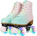 Roller Skates for Girls and Women, Fantastic Gradient Pink and Green PU Leather Light Up Kids Youth Roller Skates, Indoor Outdoor