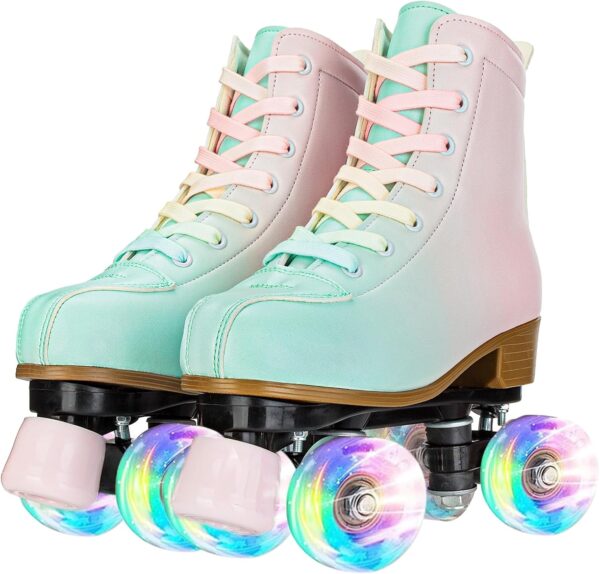 Roller Skates for Girls and Women, Fantastic Gradient Pink and Green PU Leather Light Up Kids Youth Roller Skates, Indoor Outdoor