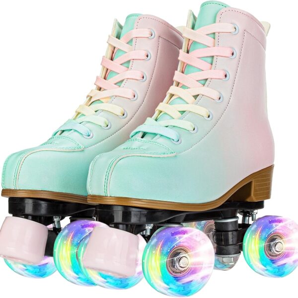 Roller Skates for Girls and Women, Fantastic Gradient Pink and Green PU Leather Light Up Kids Youth Roller Skates, Indoor Outdoor