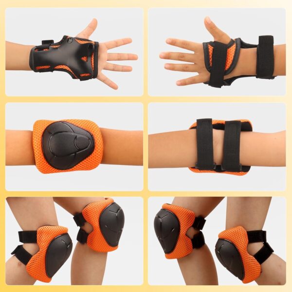 Kids Protective Gear Set - Knee Pads Elbow Pads with Wrist Guards for A 3-12 | 3-in-1 Safety Protective Gear for Skating, Cycling, Biking, Roller Skates, Scooters (Orange, ‎S(3-7Years))