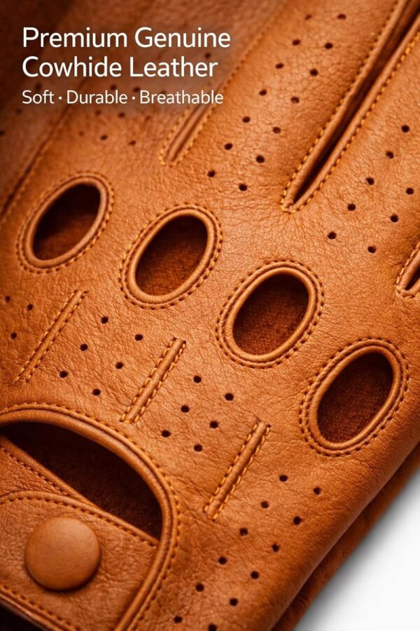 Men’s Perforated Leather Driving Gloves – Cognac Genuine Cowhide – Full-Finger Classic Motoring Style, Breathable Luxury Gloves (Small, Tan)