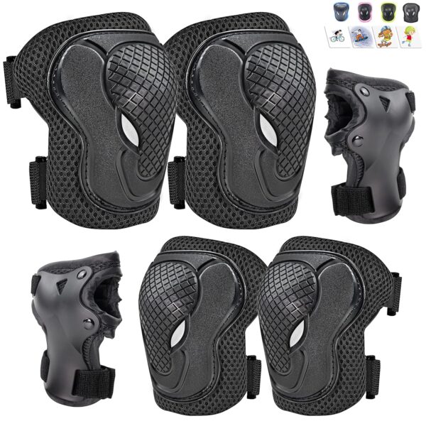 Knee Pads for Kids Knee Pads and Elbow Pads 6 in 1 Protective Gear Set with Wrist Guard for Boys Girls Skateboarding Inline Roller Skating Cycling Scooter(Black)